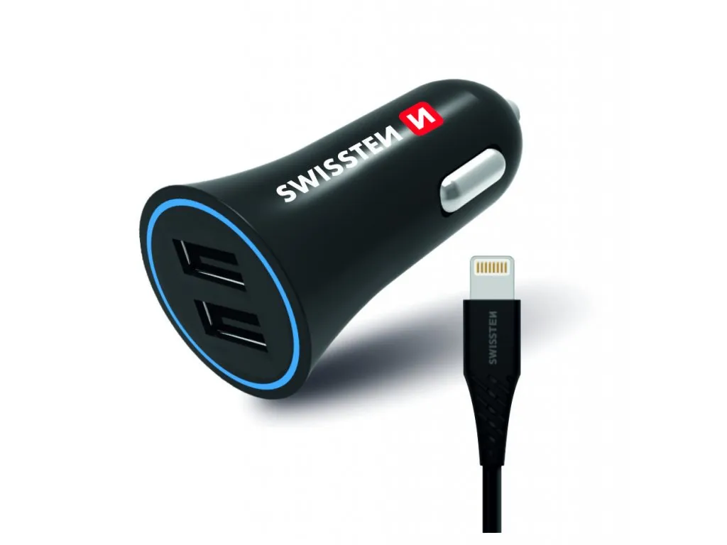 SWISSTEN  Auto punjač 2.4A USB Lightning (Iphone) Black/Crni