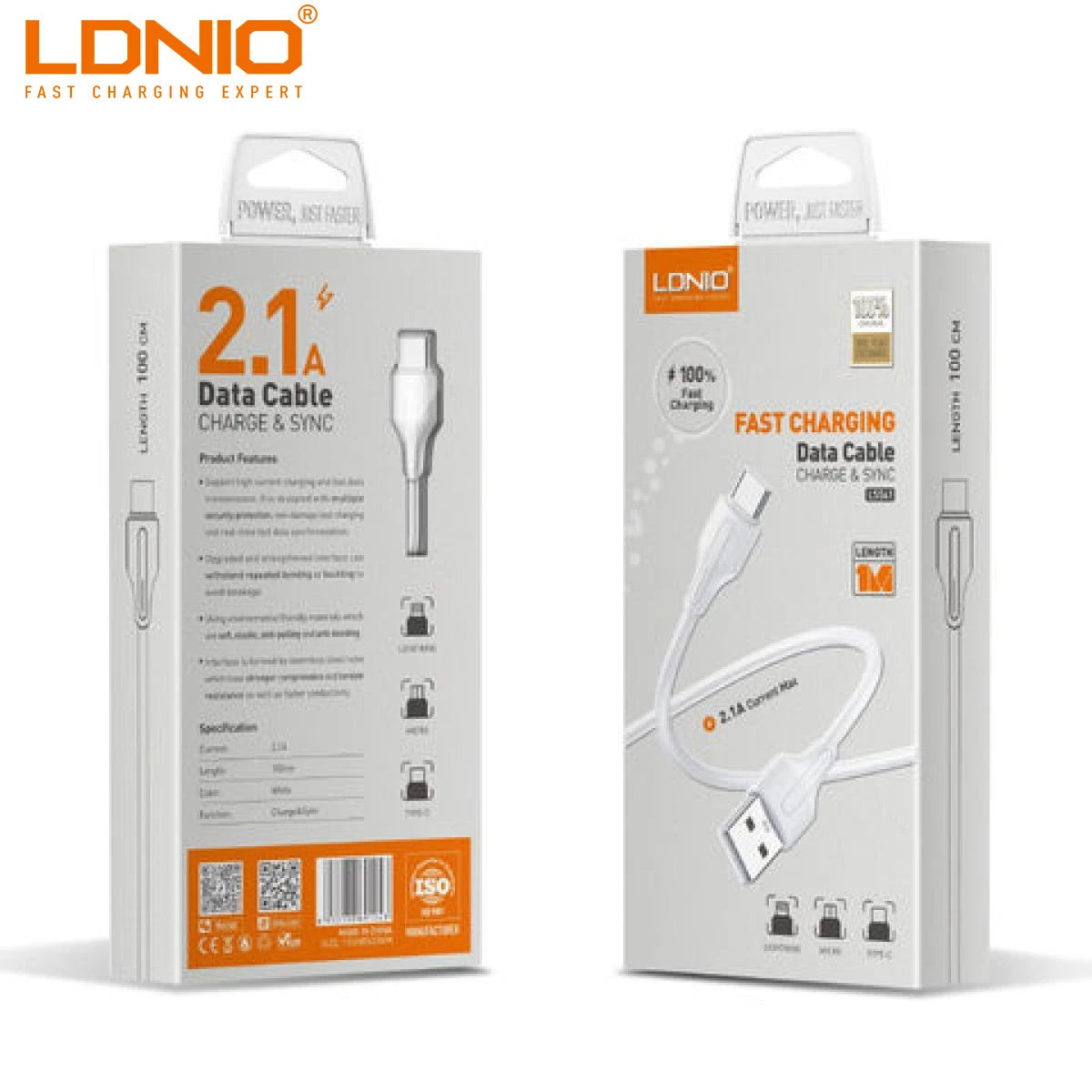 LDNIO Data Kabl USB to Type C LS541 2.1A 1m White/Beli